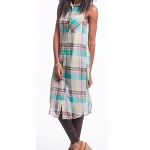 SHE + SKY Plaid Sheer Silk Shirtdress Sleeveless Tunic Dress Check Print L